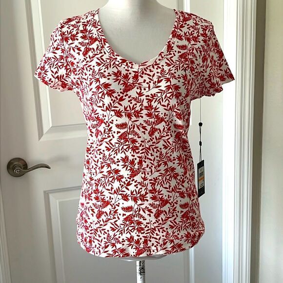 Tommy Hilfiger Red Floral Print V Neck Tee Jersey - Picture 1 of 8